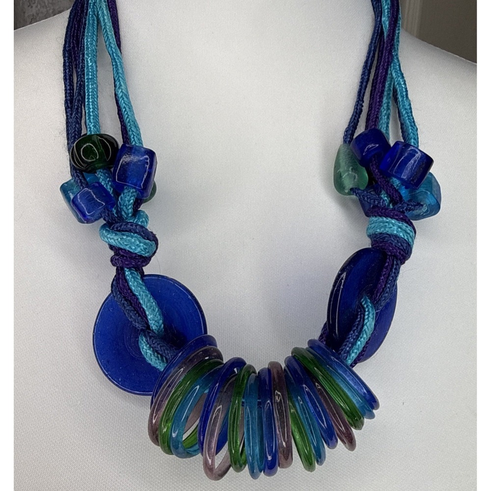 Vintage Blue Greenโ Glass Disc Bead Necklace Chunky Multi Strand Statement